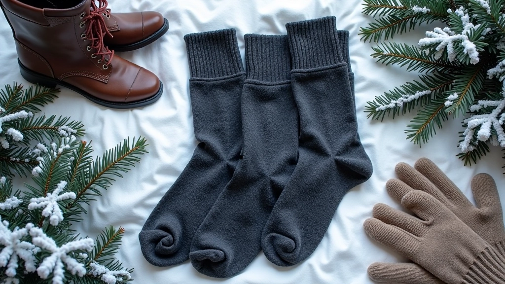 Wool Blend Thermal Socks in charcoal three-pack displayed with winter boots and outdoor gear