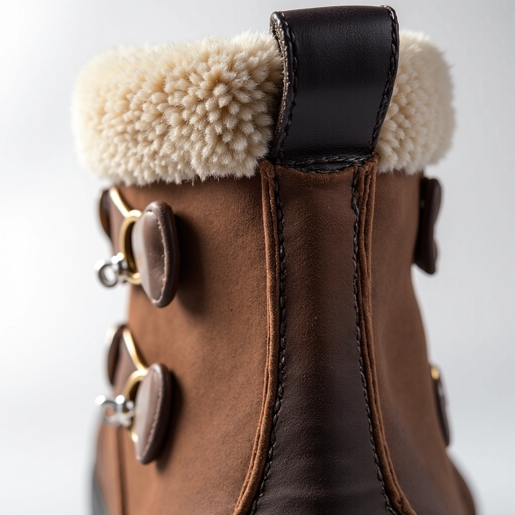 Close-up detail of boot construction showing leather texture, waterproof seaming, and thermal lining visible at the collar
